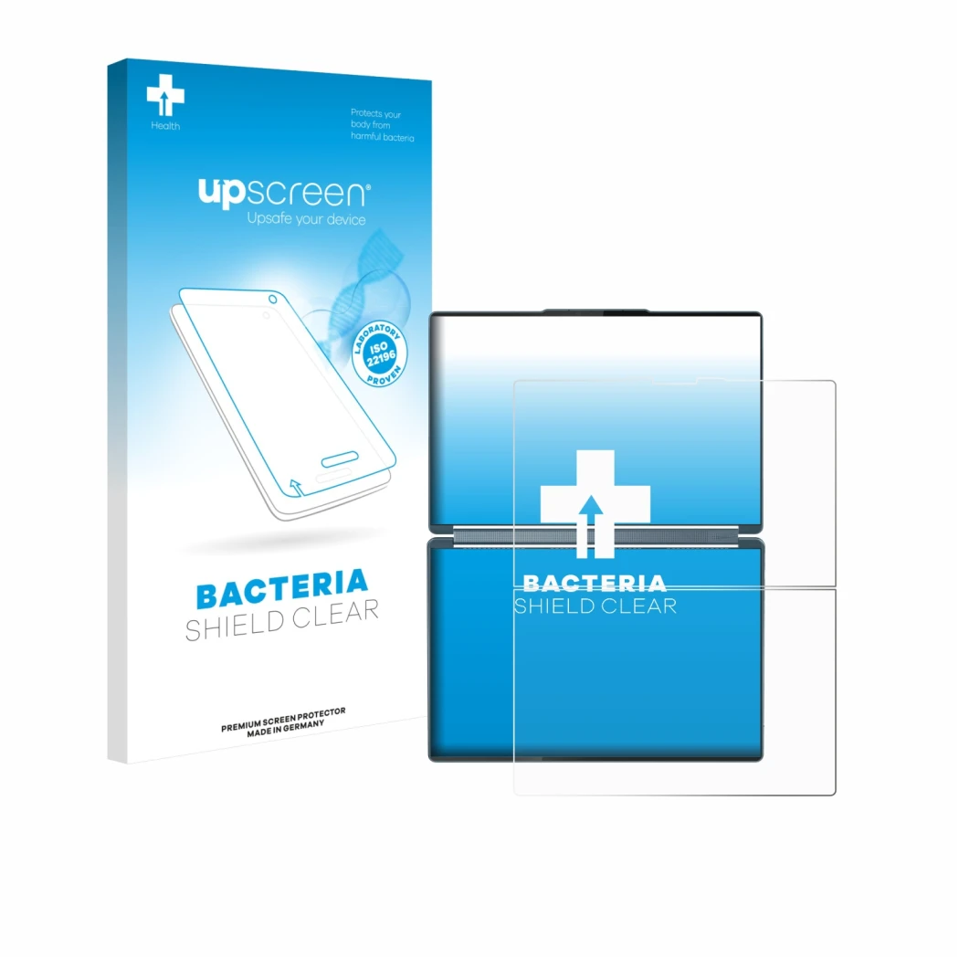 Parte frontal de un envase de producto con el logotipo de la marca upscreen. Al lado se muestra el dispositivo Lenovo Yoga Boo