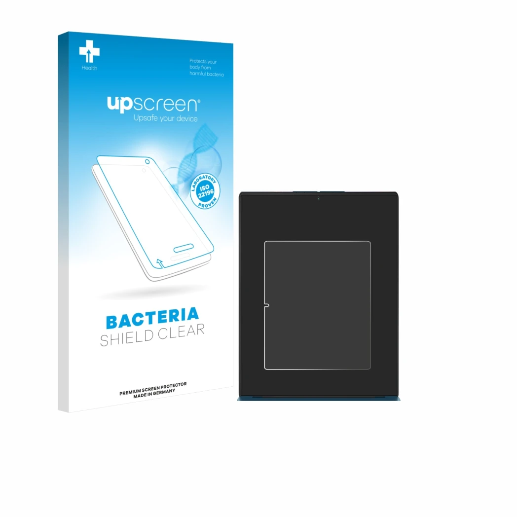 Parte frontal de un envase de producto con el logotipo de la marca upscreen. Al lado se muestra el dispositivo Lenovo Yoga Sli