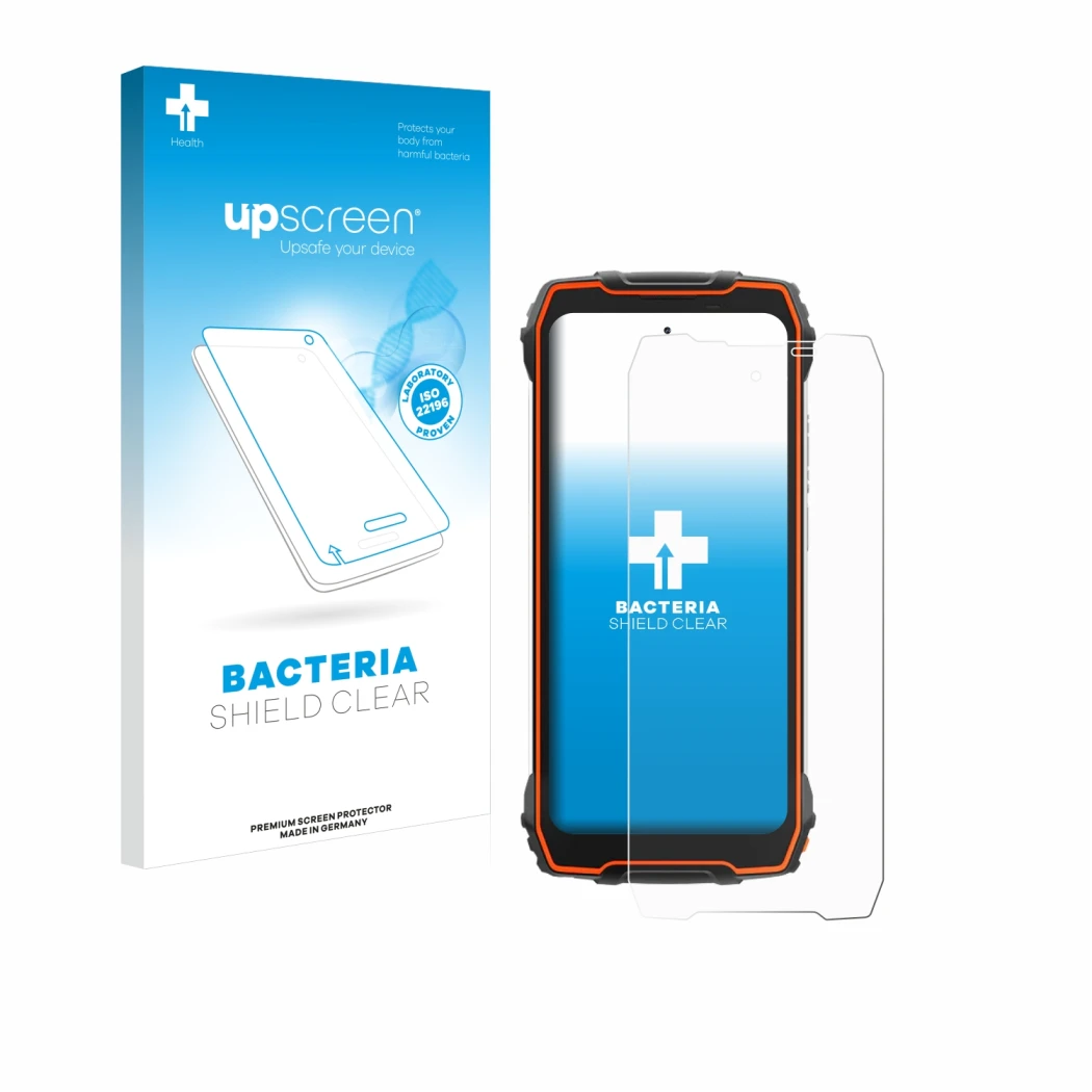 Parte frontal de un envase de producto con el logotipo de la marca upscreen. Al lado se muestra el dispositivo Blackview Oscal