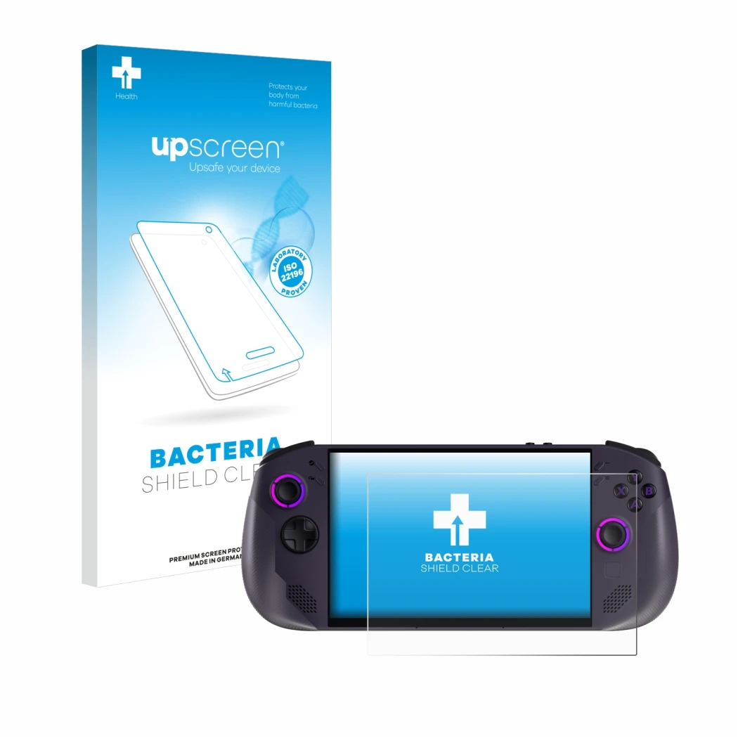 Parte frontal de un envase de producto con el logotipo de la marca upscreen. Al lado se muestra el dispositivo Lenovo Legion G