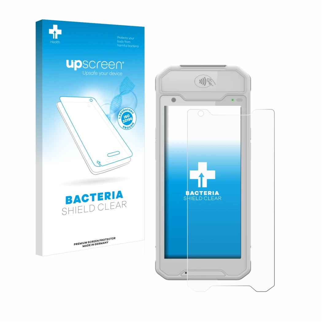 Parte frontal de un envase de producto con el logotipo de la marca upscreen. Al lado se muestra el dispositivo Dojo Pocket con