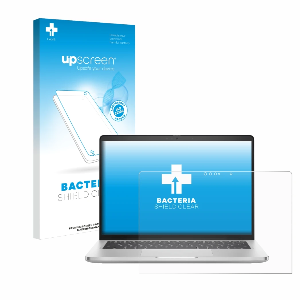 Parte frontal de un envase de producto con el logotipo de la marca upscreen. Al lado se muestra el dispositivo Dell Pro 14 Plu