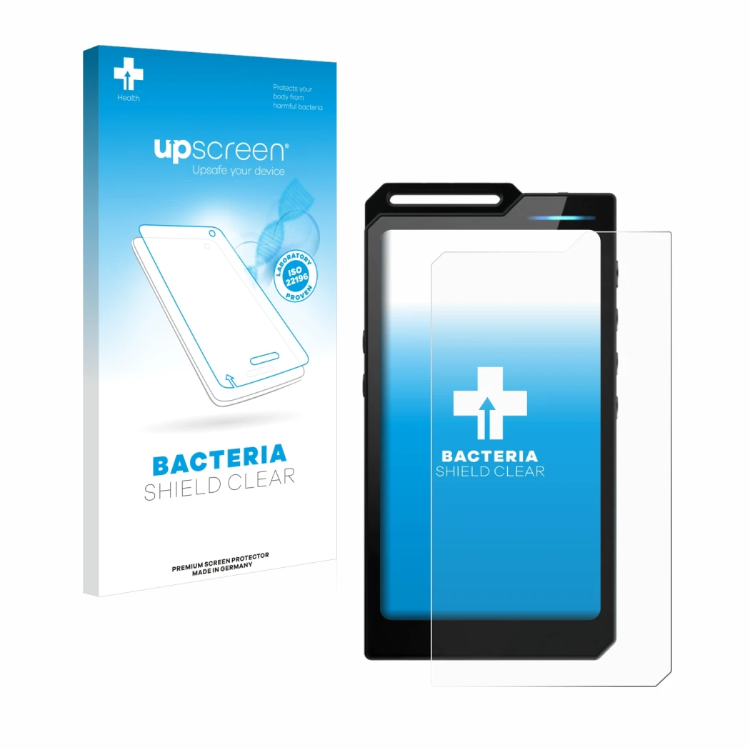 Parte frontal de un envase de producto con el logotipo de la marca upscreen. Al lado se muestra el dispositivo Hiby R4 con su