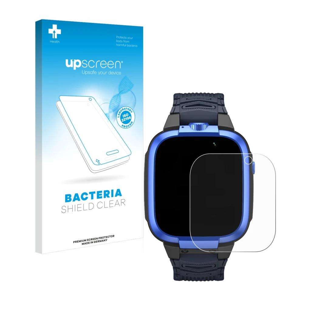 Parte frontal de un envase de producto con el logotipo de la marca upscreen. Al lado se muestra el dispositivo Xiaomi Mibro Ki