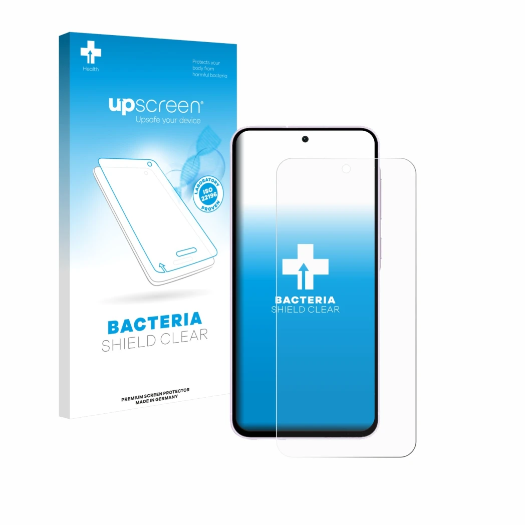 Parte frontal de un envase de producto con el logotipo de la marca upscreen. Al lado se muestra el dispositivo Samsung Galaxy 