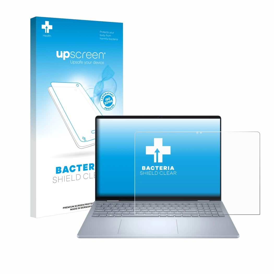 Parte frontal de un envase de producto con el logotipo de la marca upscreen. Al lado se muestra el dispositivo Dell 16 Plus-2-