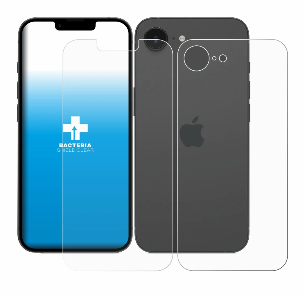 Imagen del dispositivo Apple iPhone 16e (Frontal+Trasero) con una amplia variedad de protectores de pantalla.