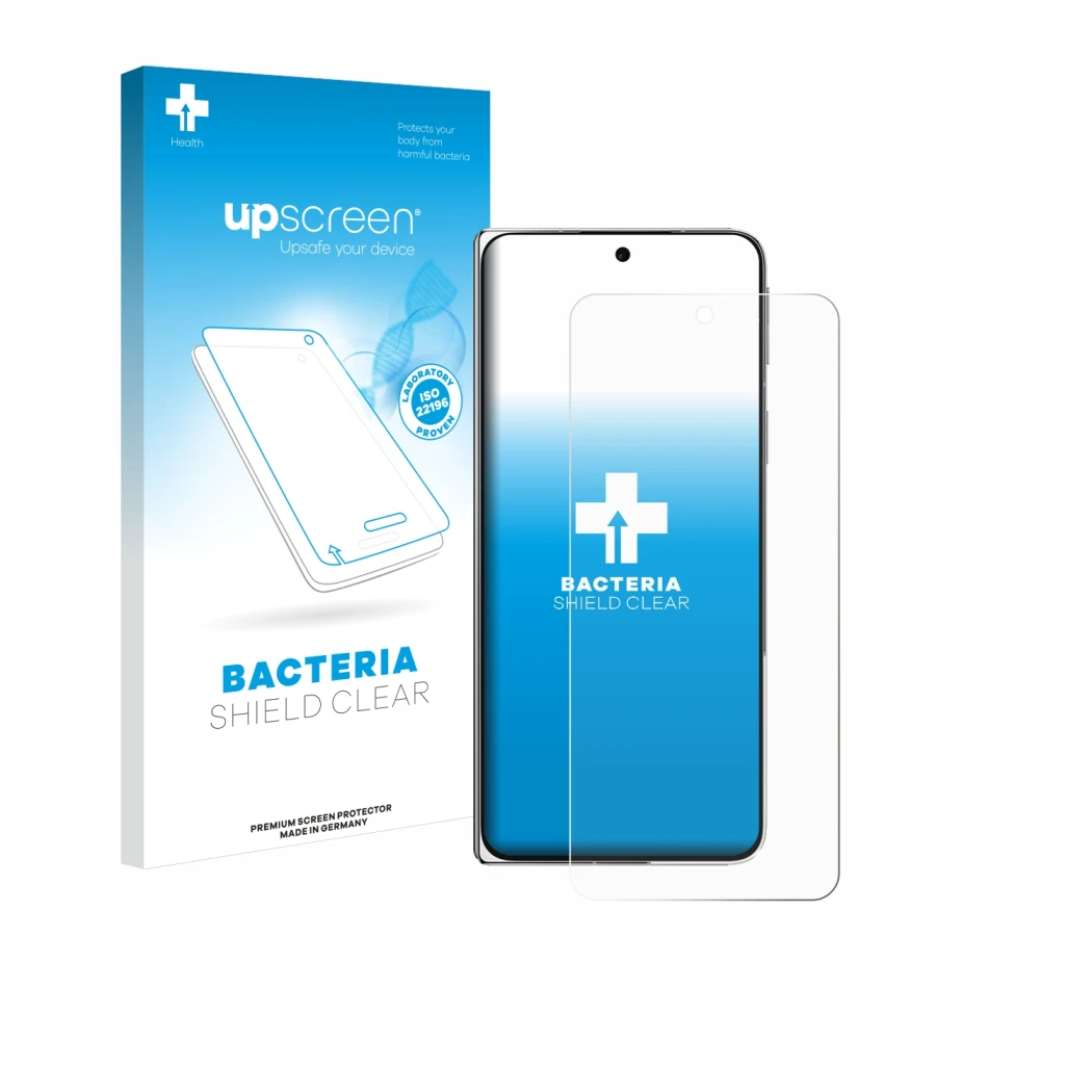 Parte frontal de un envase de producto con el logotipo de la marca upscreen. Al lado se muestra el dispositivo Oppo Find N5 co