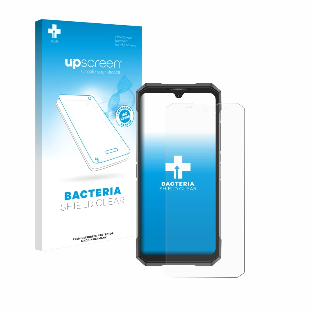 Parte frontal de un envase de producto con el logotipo de la marca upscreen. Al lado se muestra el dispositivo Doogee S200X co
