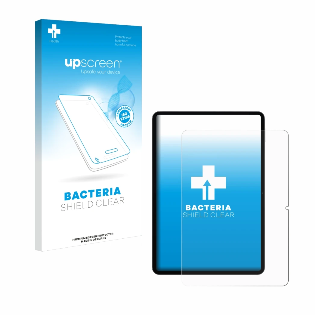 Parte frontal de un envase de producto con el logotipo de la marca upscreen. Al lado se muestra el dispositivo Xiaomi Pad 7 Pr
