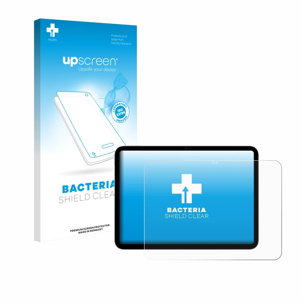 Parte frontal de un envase de producto con el logotipo de la marca upscreen. Al lado se muestra el dispositivo Apple iPad A16 