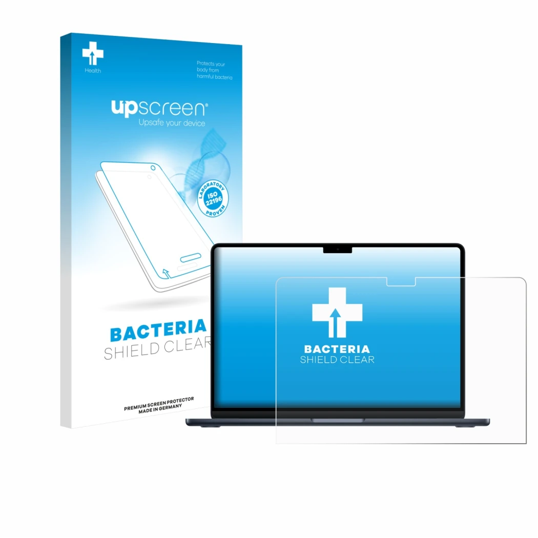 Parte frontal de un envase de producto con el logotipo de la marca upscreen. Al lado se muestra el dispositivo Apple MacBook A