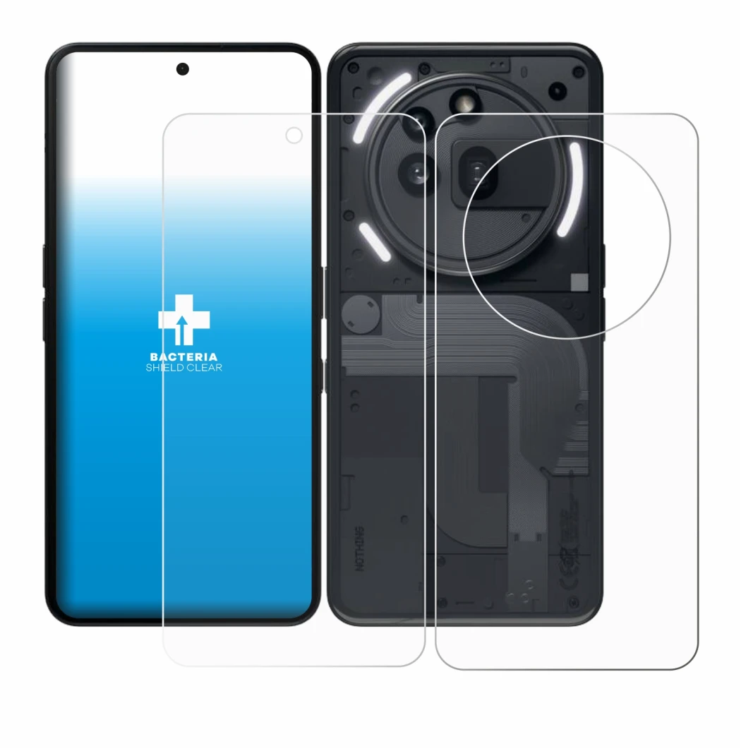 Imagen del dispositivo Nothing Phone (3a) Pro (Frontal+Trasero) con una amplia variedad de protectores de pantalla.