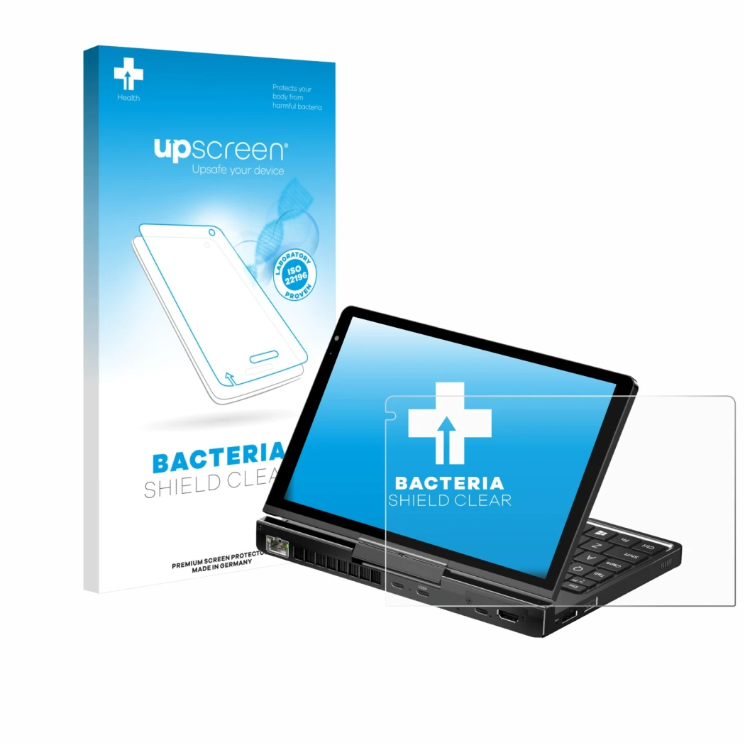 Parte frontal de un envase de producto con el logotipo de la marca upscreen. Al lado se muestra el dispositivo GPD Pocket 4 co