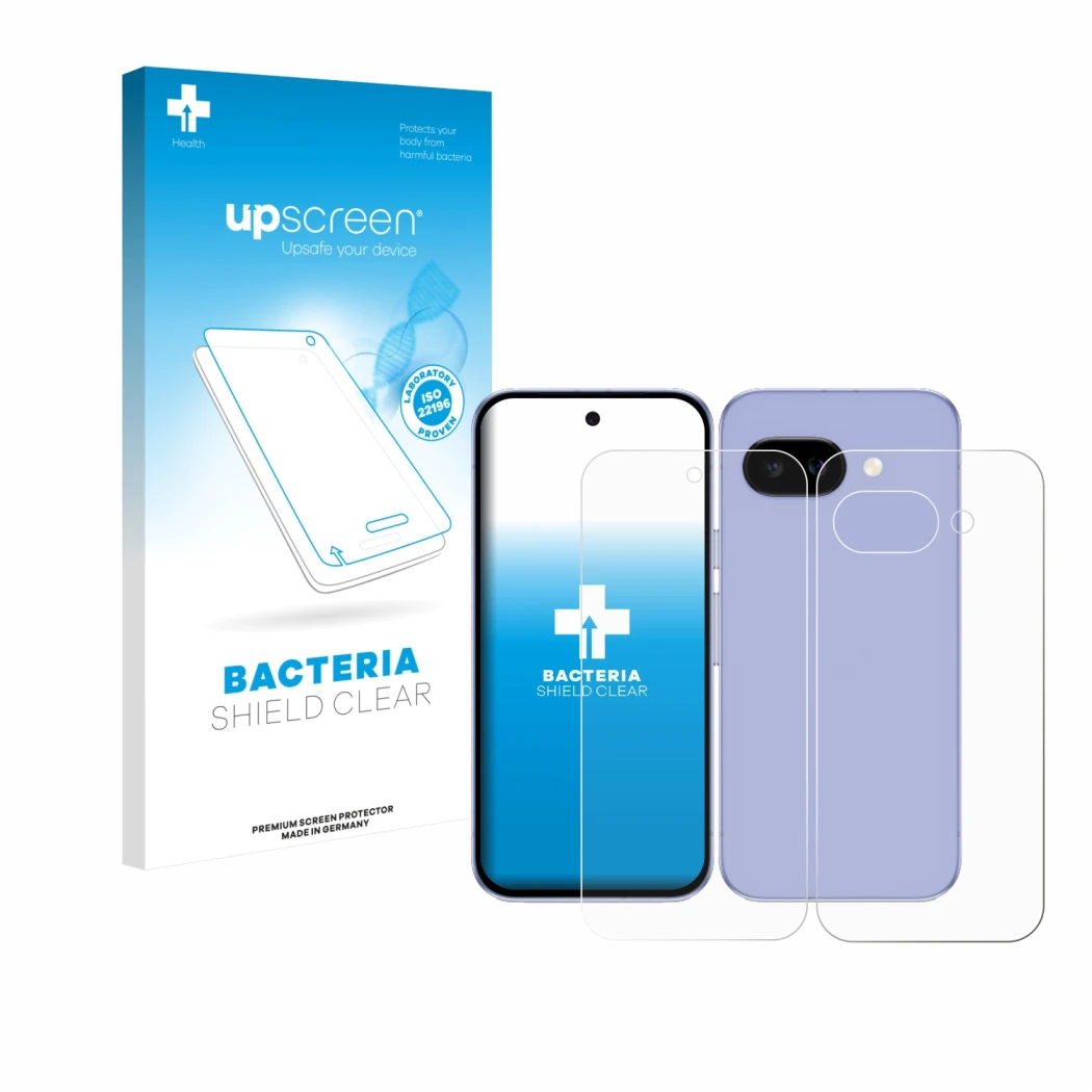 Parte frontal de un envase de producto con el logotipo de la marca upscreen. Al lado se muestra el dispositivo Google Pixel 9a