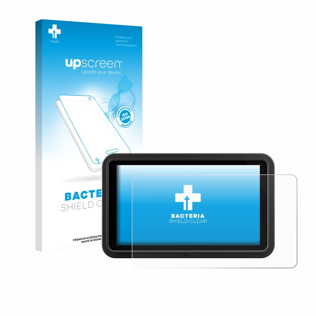 Parte frontal de un envase de producto con el logotipo de la marca upscreen. Al lado se muestra el dispositivo Atomos Shinobi