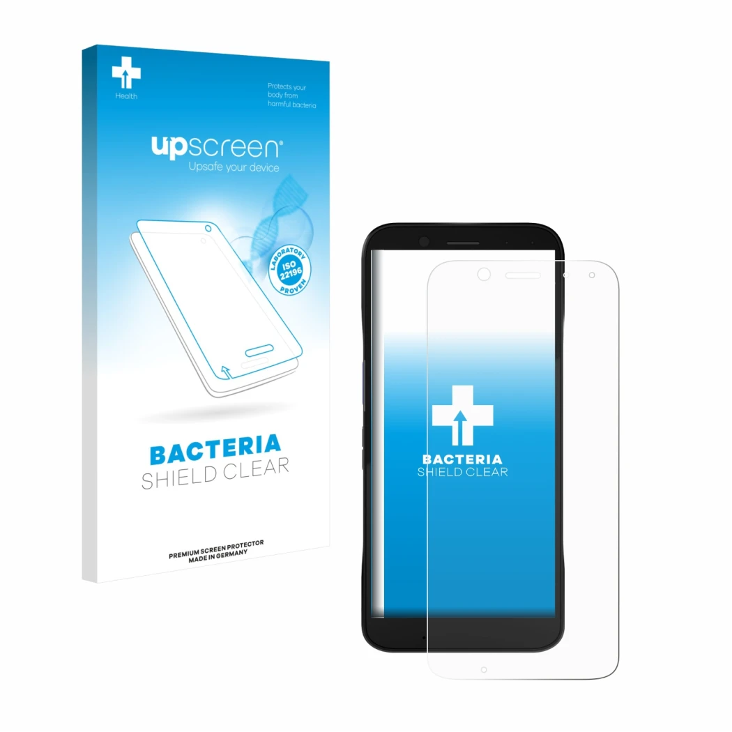 Parte frontal de un envase de producto con el logotipo de la marca upscreen. Al lado se muestra el dispositivo Datalogic Memor