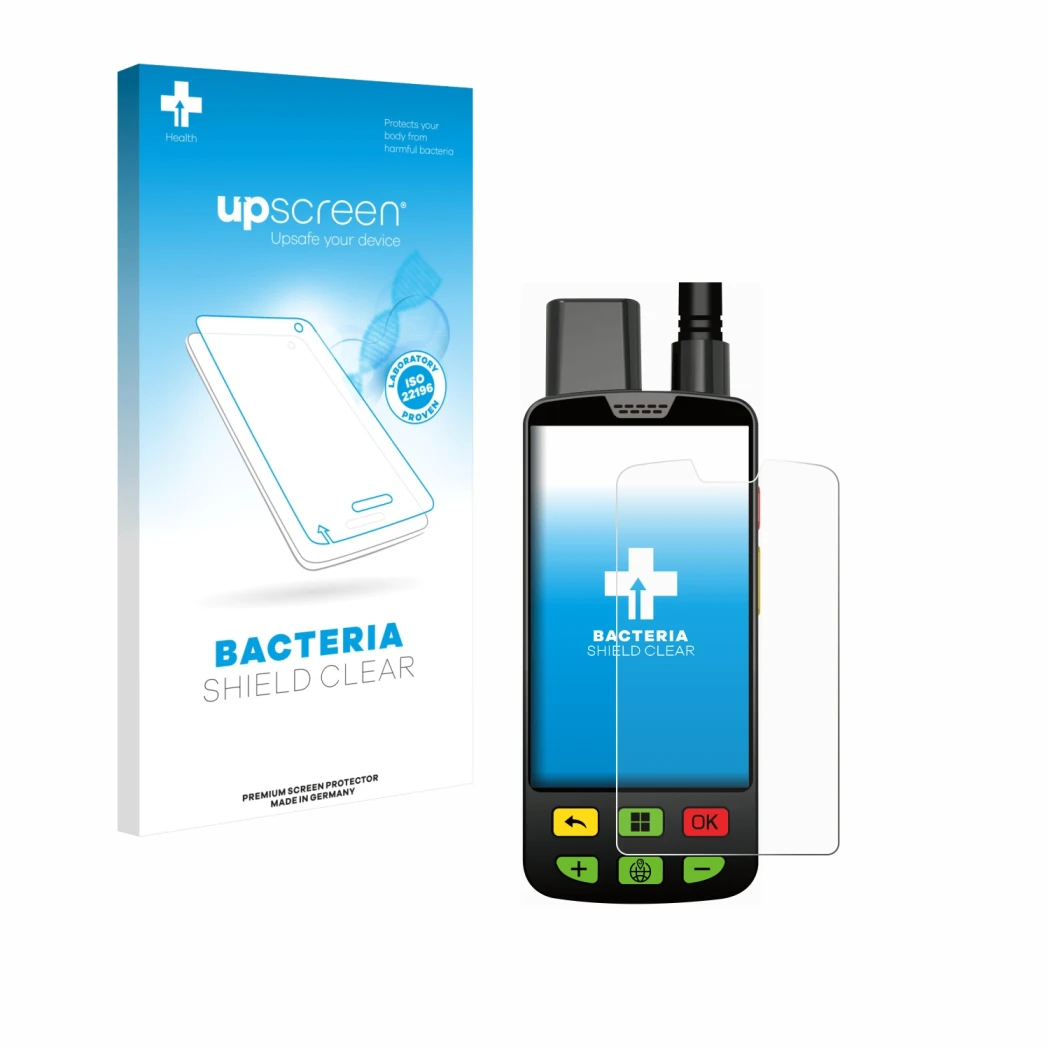 Parte frontal de un envase de producto con el logotipo de la marca upscreen. Al lado se muestra el dispositivo Aduro Locit GPS