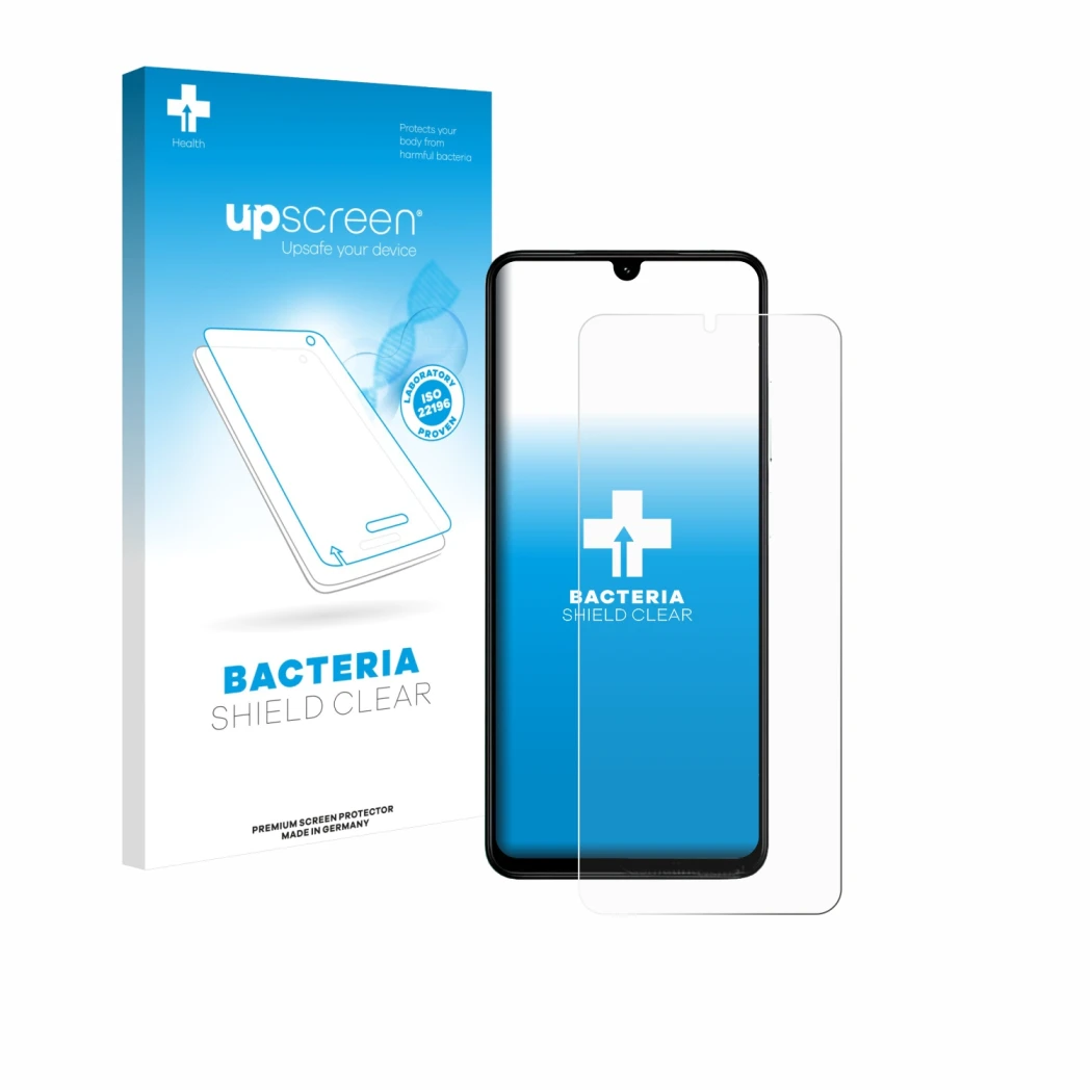 Parte frontal de un envase de producto con el logotipo de la marca upscreen. Al lado se muestra el dispositivo Xiaomi Poco C71