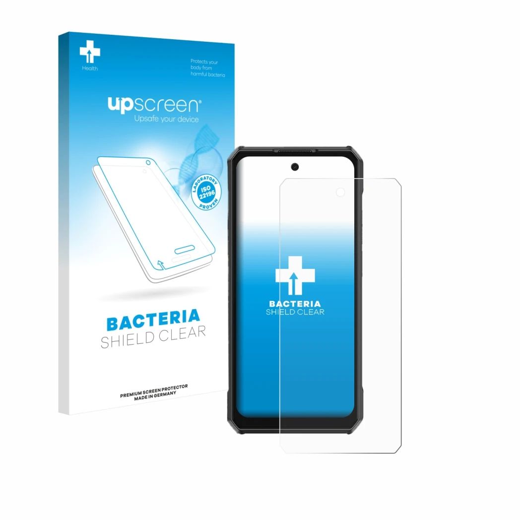 Parte frontal de un envase de producto con el logotipo de la marca upscreen. Al lado se muestra el dispositivo Ulefone Armor 3