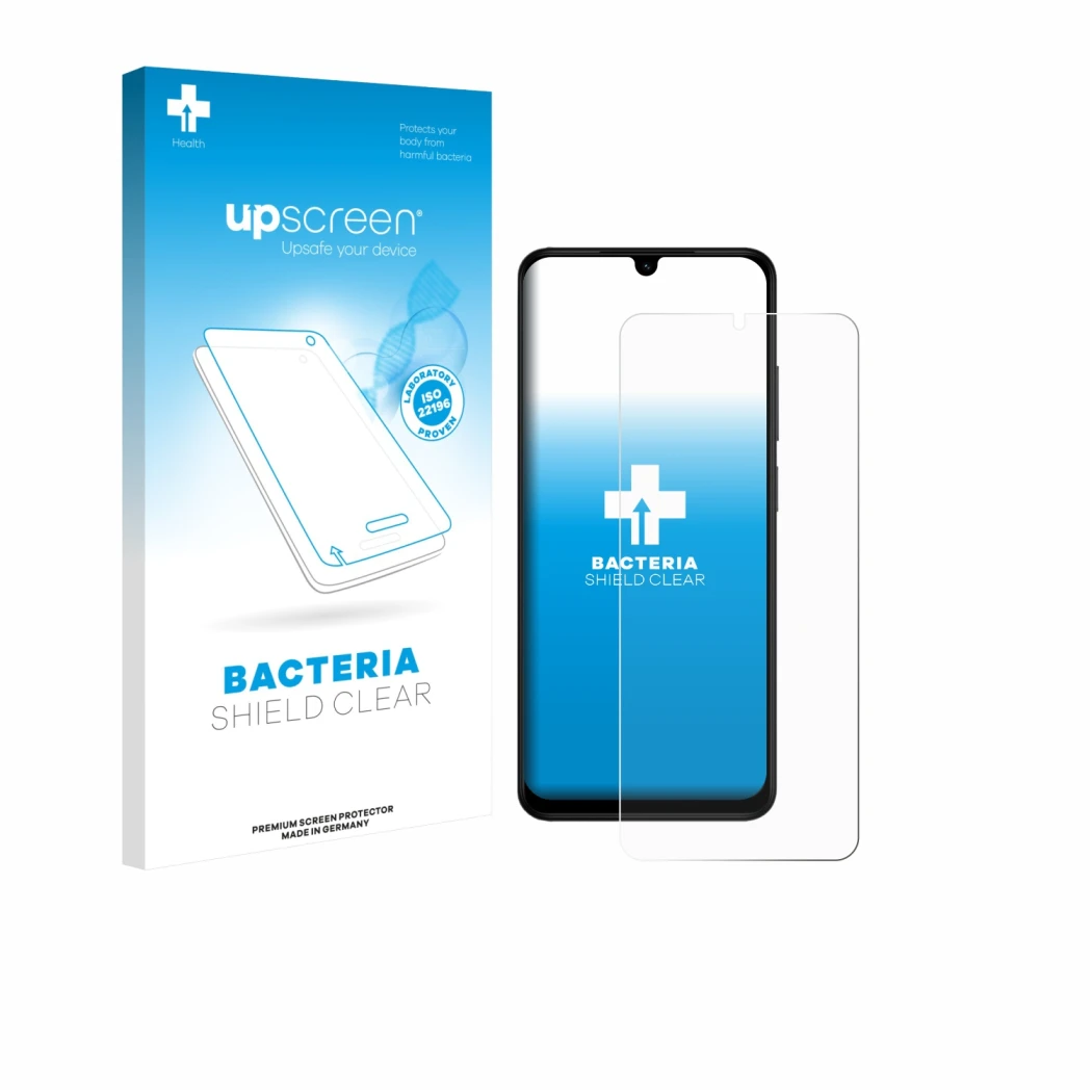 Parte frontal de un envase de producto con el logotipo de la marca upscreen. Al lado se muestra el dispositivo Xiaomi Redmi A5