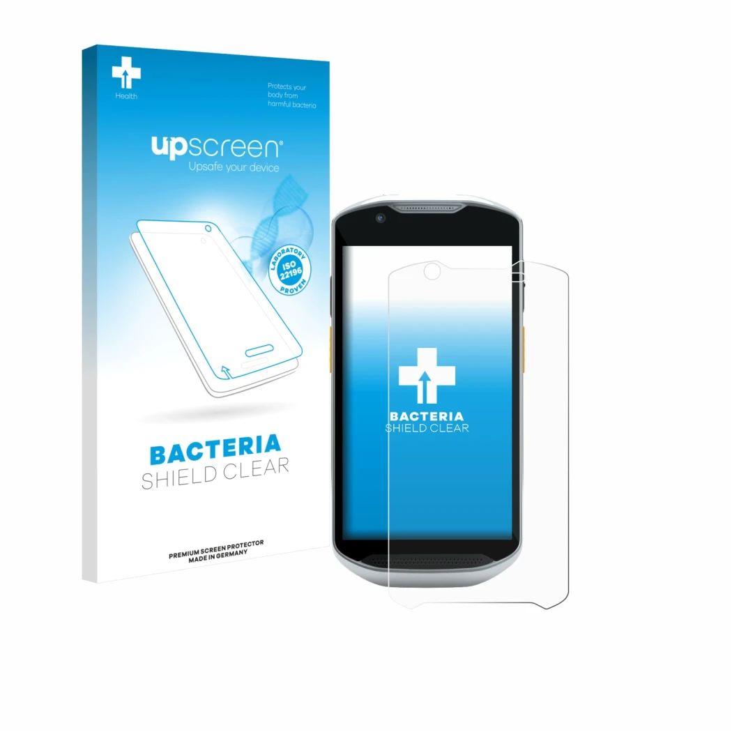 Parte frontal de un envase de producto con el logotipo de la marca upscreen. Al lado se muestra el dispositivo Zebra TC52x-HC