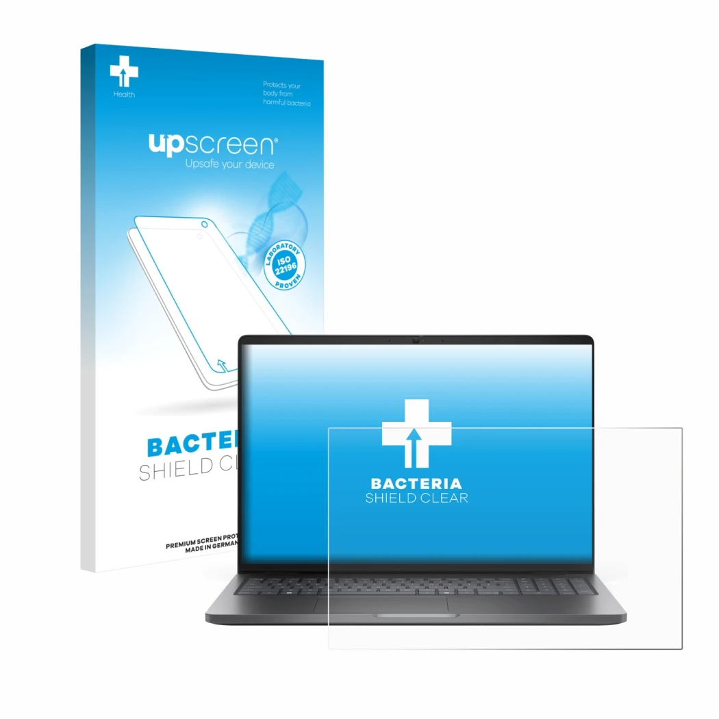 Parte frontal de un envase de producto con el logotipo de la marca upscreen. Al lado se muestra el dispositivo Dell Pro 16 PC1