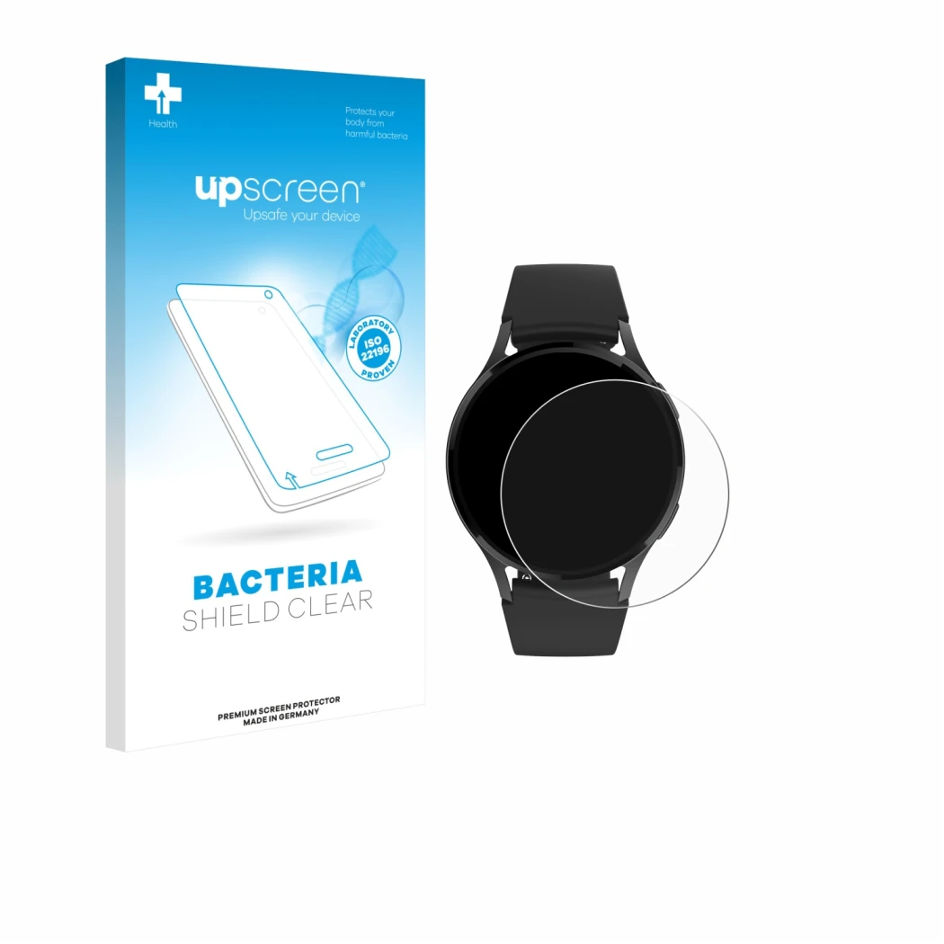 Parte frontal de un envase de producto con el logotipo de la marca upscreen. Al lado se muestra el dispositivo Levowatch EDGY