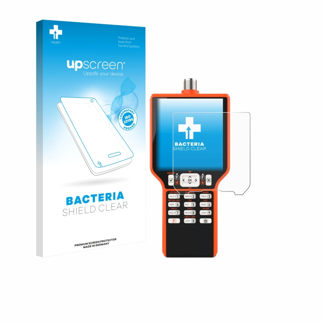 Parte frontal de un envase de producto con el logotipo de la marca upscreen. Al lado se muestra el dispositivo RigExpert MATCH