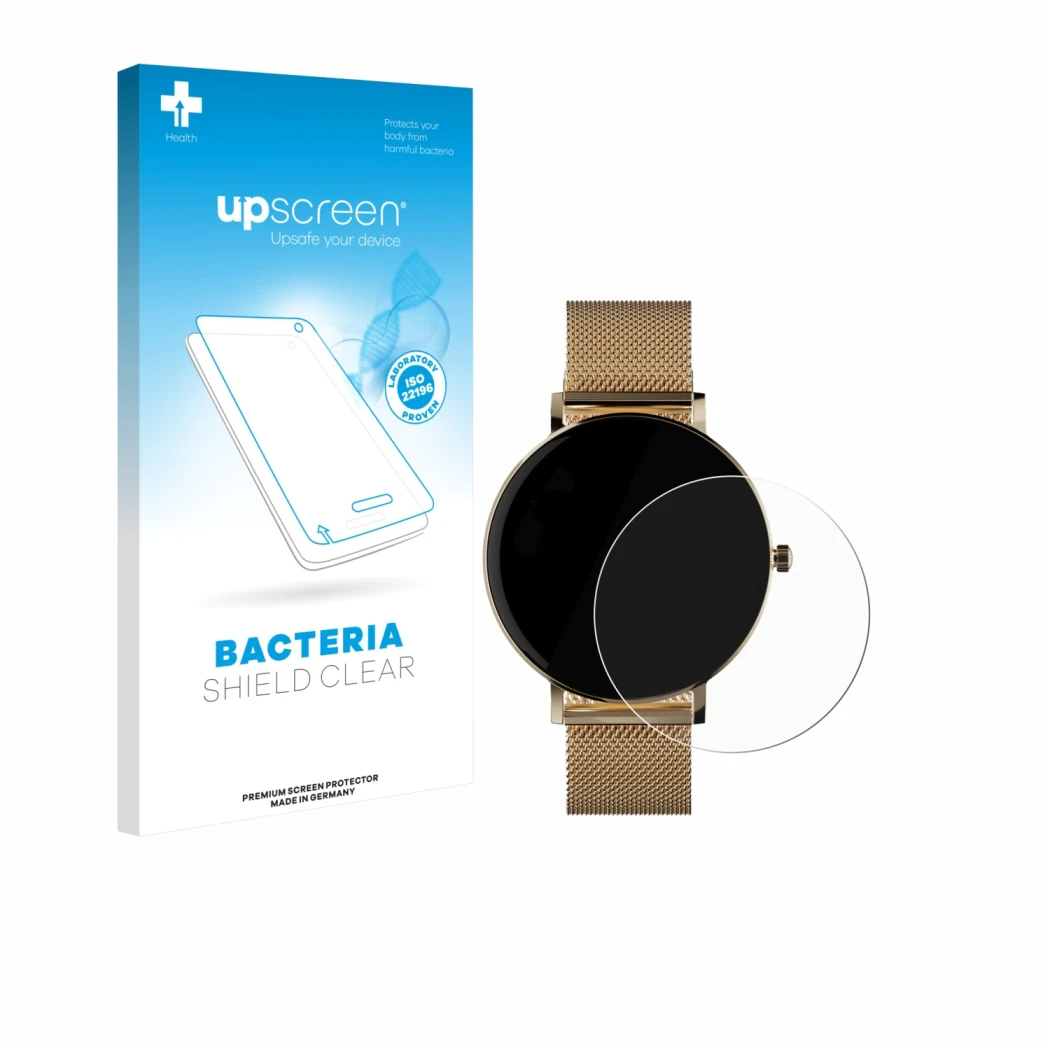 Parte frontal de un envase de producto con el logotipo de la marca upscreen. Al lado se muestra el dispositivo ZenWatch Venice