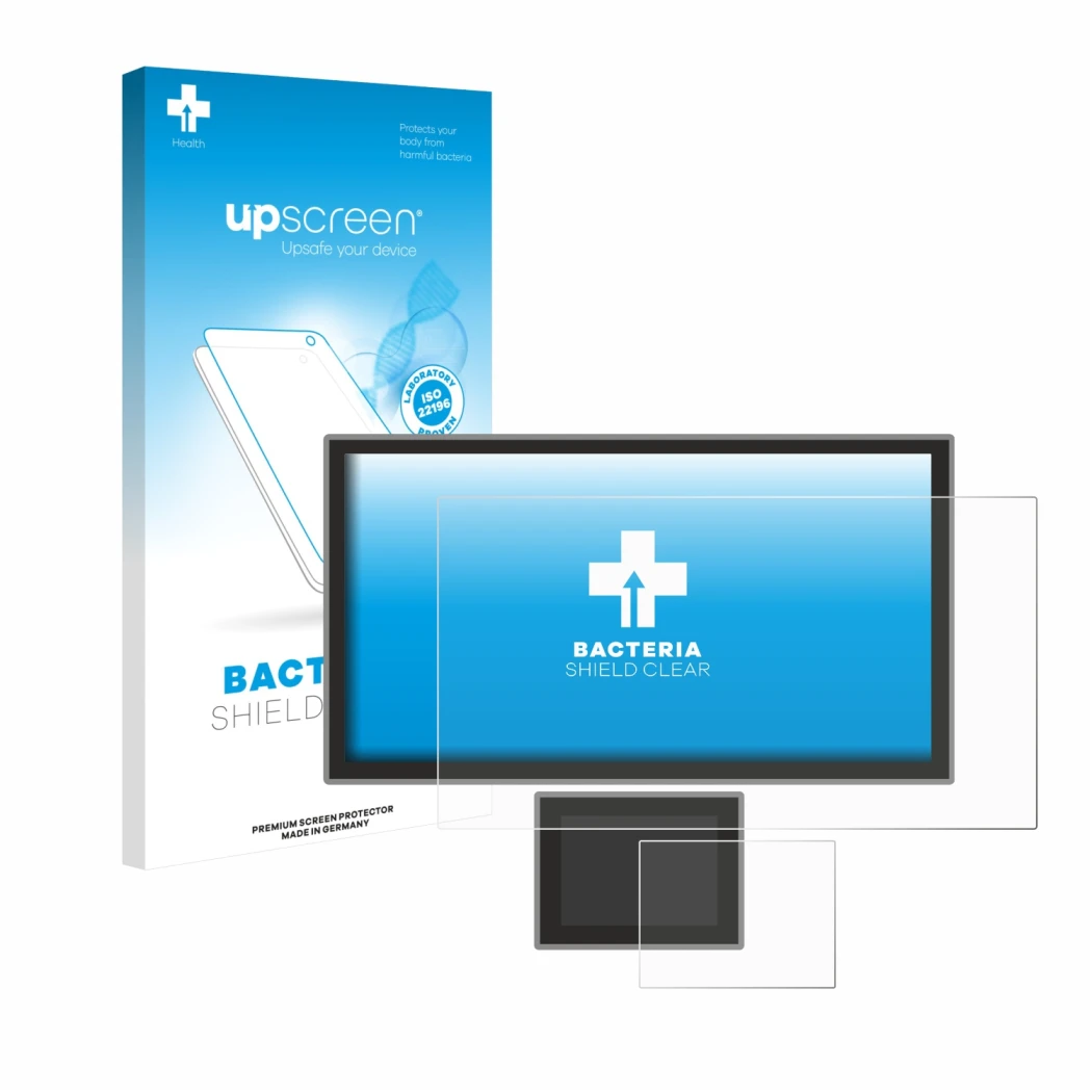 Parte frontal de un envase de producto con el logotipo de la marca upscreen. Al lado se muestra el dispositivo Icom IC-7760 co