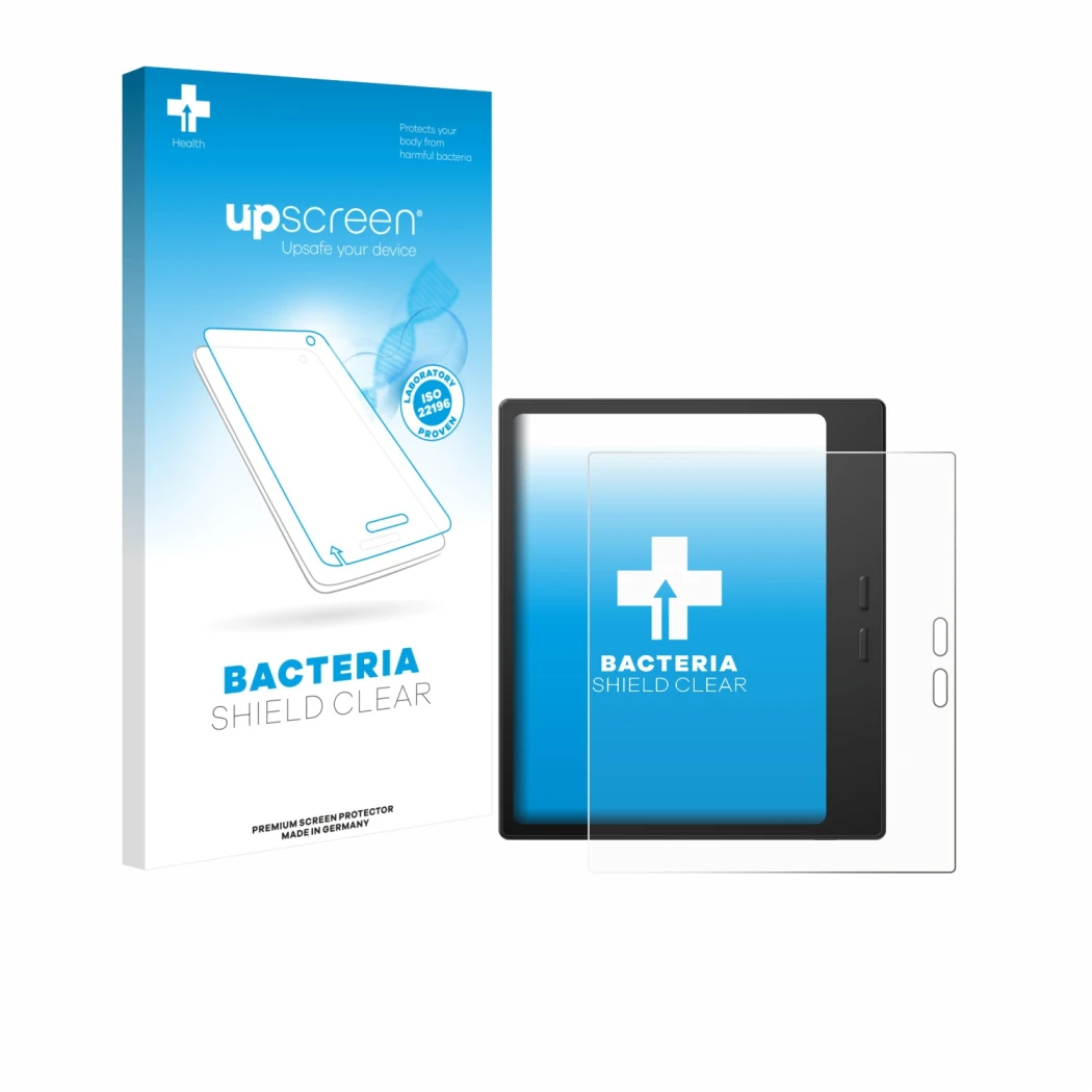 Parte frontal de un envase de producto con el logotipo de la marca upscreen. Al lado se muestra el dispositivo Boox Go 7 con s