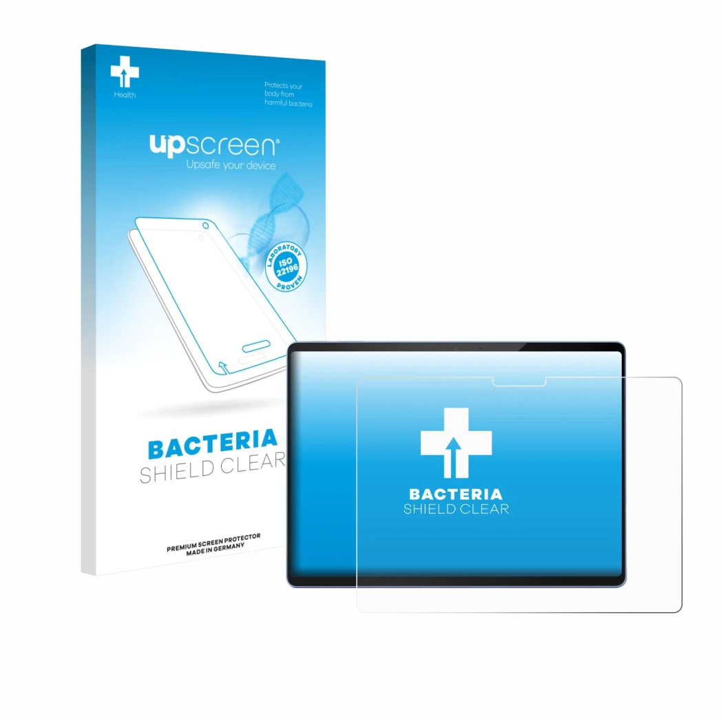 Parte frontal de un envase de producto con el logotipo de la marca upscreen. Al lado se muestra el dispositivo Microsoft Surfa