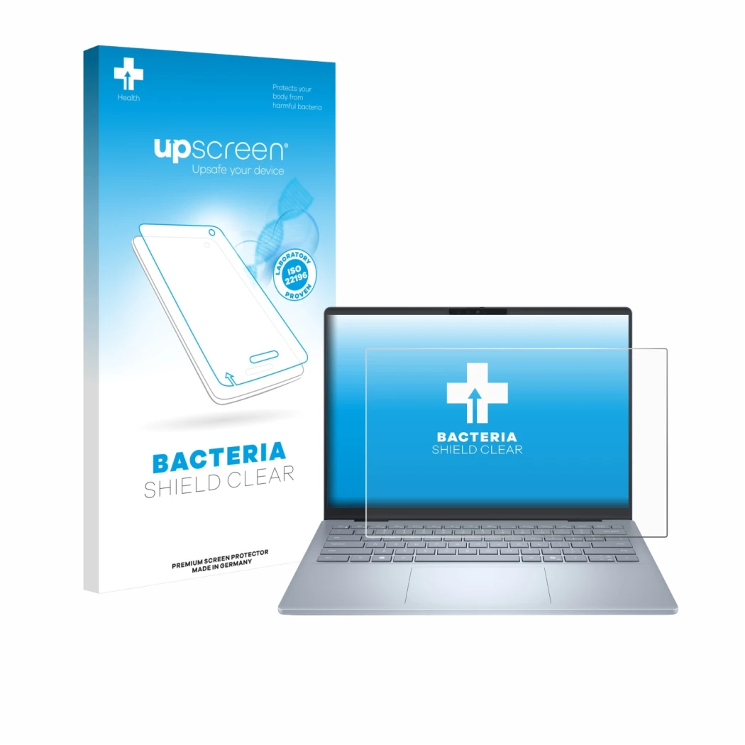 Parte frontal de un envase de producto con el logotipo de la marca upscreen. Al lado se muestra el dispositivo Dell 14 Plus La
