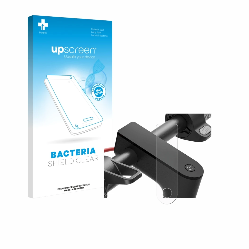 Parte frontal de un envase de producto con el logotipo de la marca upscreen. Al lado se muestra el dispositivo Xiaomi Electric