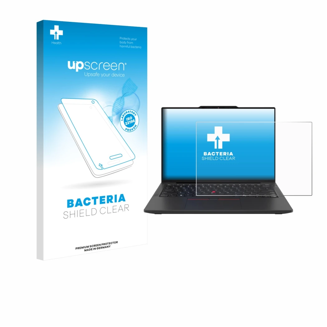 Parte frontal de un envase de producto con el logotipo de la marca upscreen. Al lado se muestra el dispositivo Lenovo ThinkPad