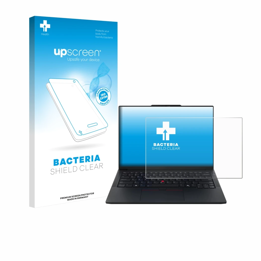 Parte frontal de un envase de producto con el logotipo de la marca upscreen. Al lado se muestra el dispositivo Lenovo ThinkPad