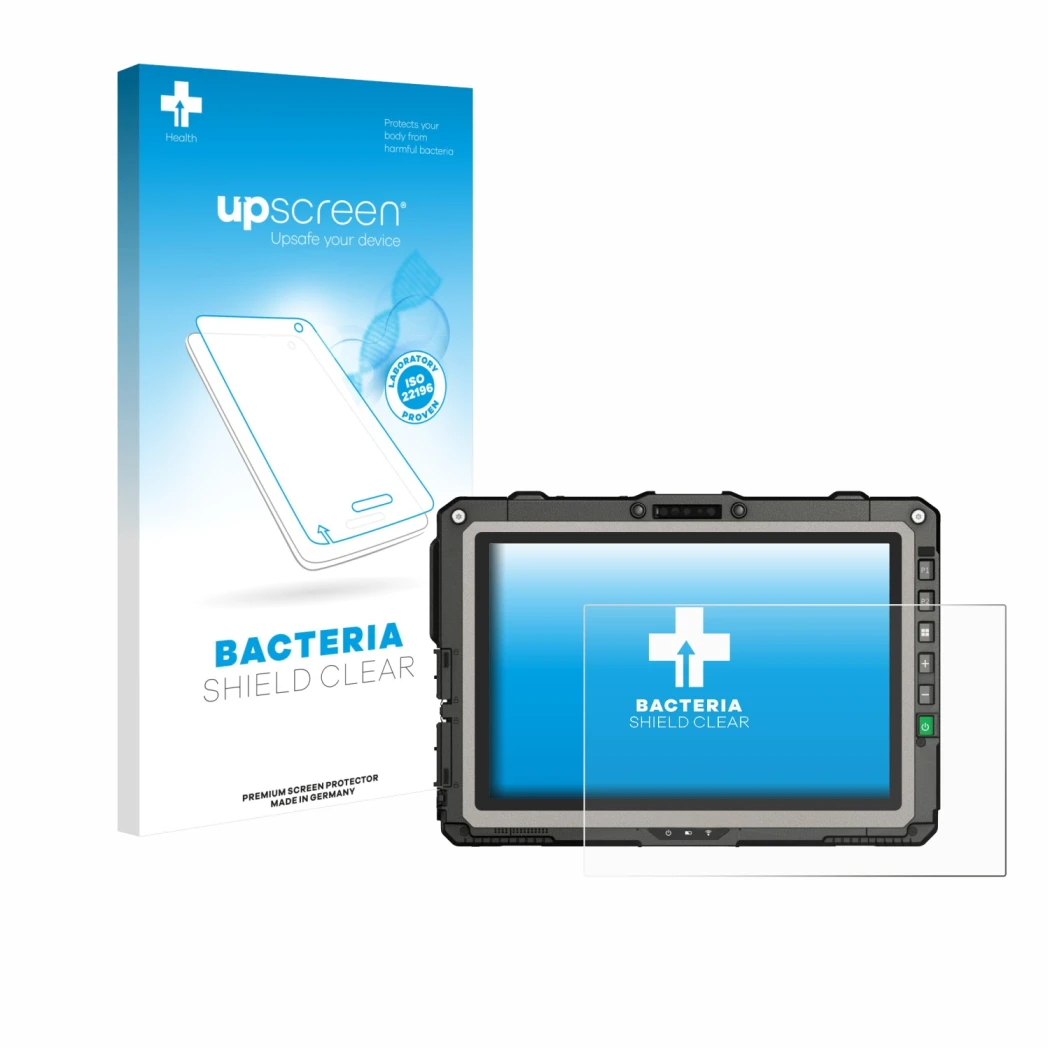 Parte frontal de un envase de producto con el logotipo de la marca upscreen. Al lado se muestra el dispositivo Getac UX10 G3 c