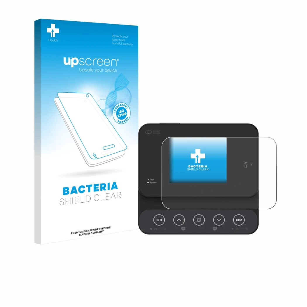 Parte frontal de un envase de producto con el logotipo de la marca upscreen. Al lado se muestra el dispositivo ISDT K2Zip con