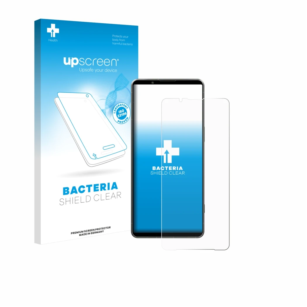 Parte frontal de un envase de producto con el logotipo de la marca upscreen. Al lado se muestra el dispositivo Sony Xperia 1 V