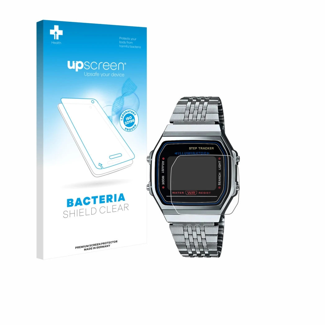 Parte frontal de un envase de producto con el logotipo de la marca upscreen. Al lado se muestra el dispositivo Casio iconic AB