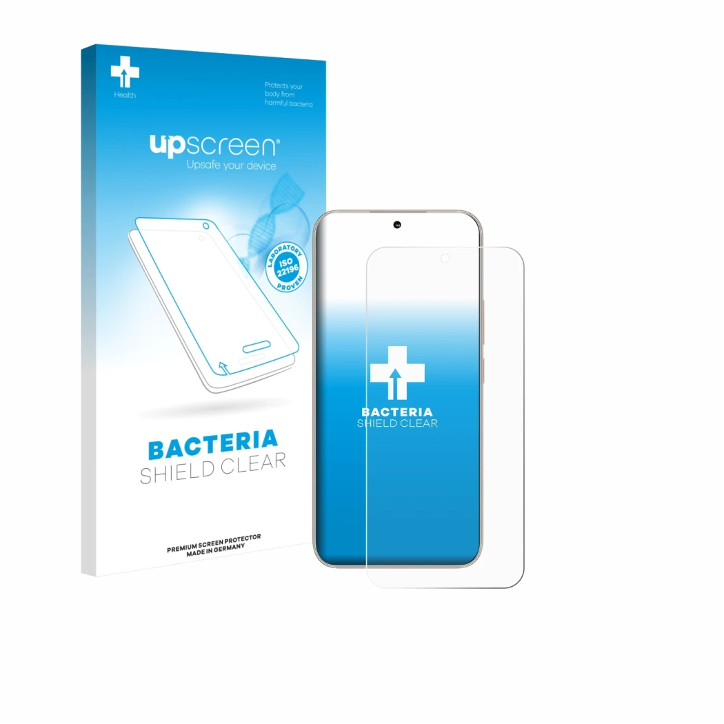 Parte frontal de un envase de producto con el logotipo de la marca upscreen. Al lado se muestra el dispositivo Honor 400 con s