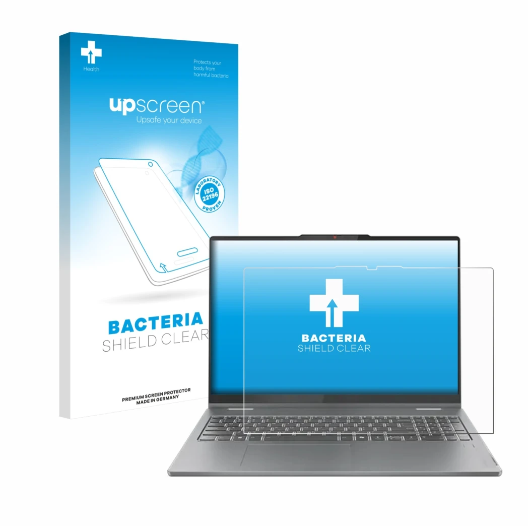 Parte frontal de un envase de producto con el logotipo de la marca upscreen. Al lado se muestra el dispositivo Lenovo IdeaPad 