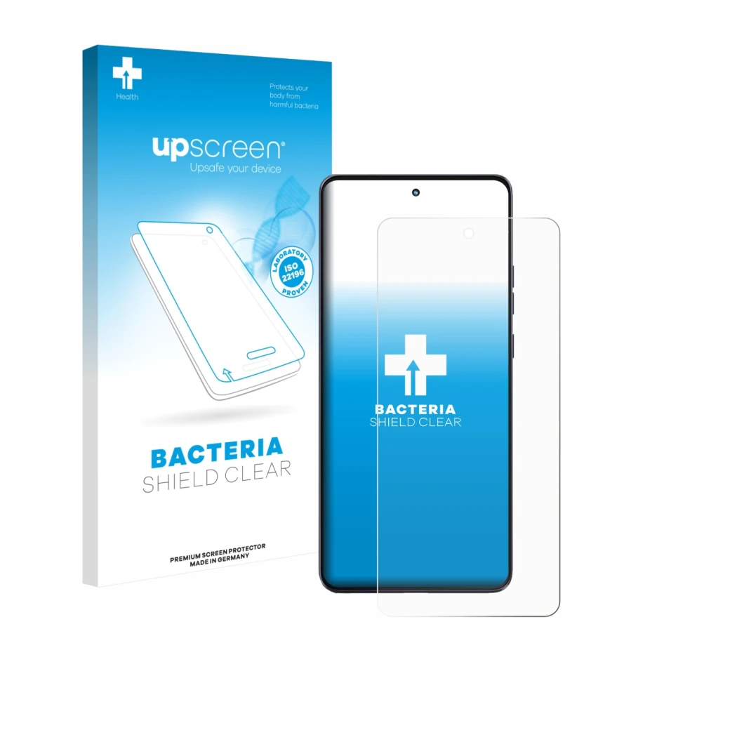 Parte frontal de un envase de producto con el logotipo de la marca upscreen. Al lado se muestra el dispositivo Motorola Moto G