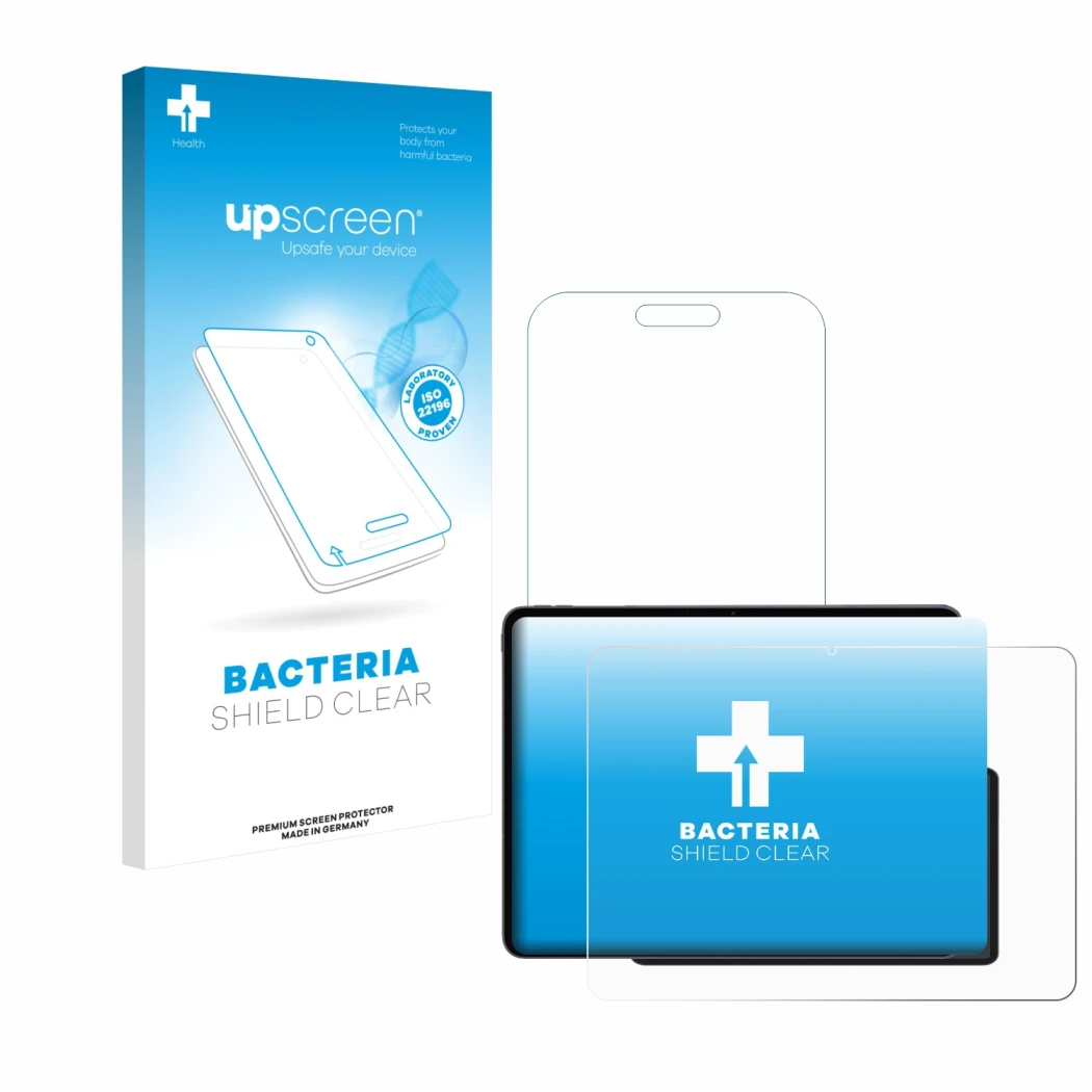 Parte frontal de un envase de producto con el logotipo de la marca upscreen. Al lado se muestra el dispositivo OnePlus Pad 3 c