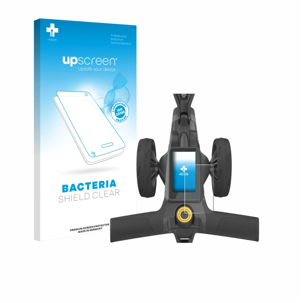 Parte frontal de un envase de producto con el logotipo de la marca upscreen. Al lado se muestra el dispositivo PowaKaddy CT10