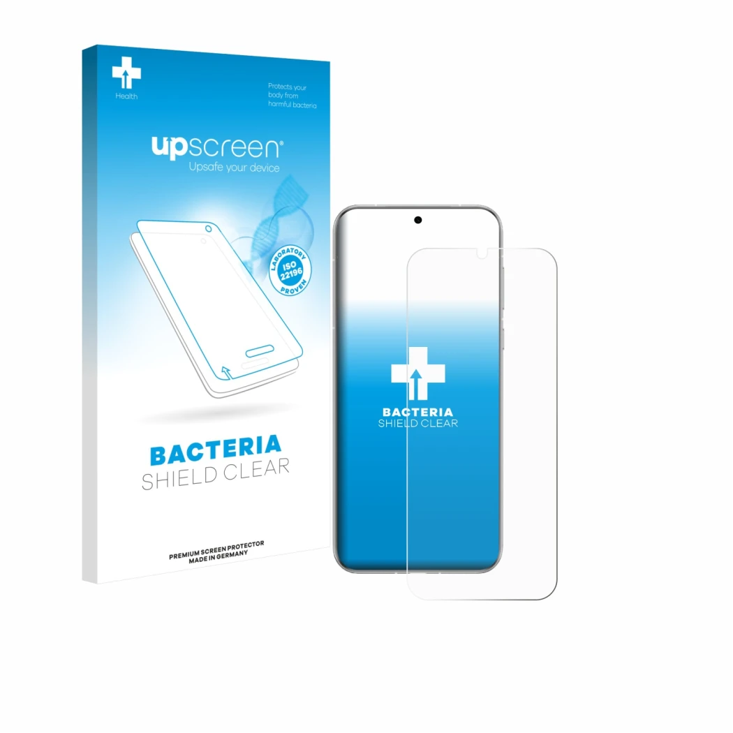 Parte frontal de un envase de producto con el logotipo de la marca upscreen. Al lado se muestra el dispositivo Huawei Pura 80 