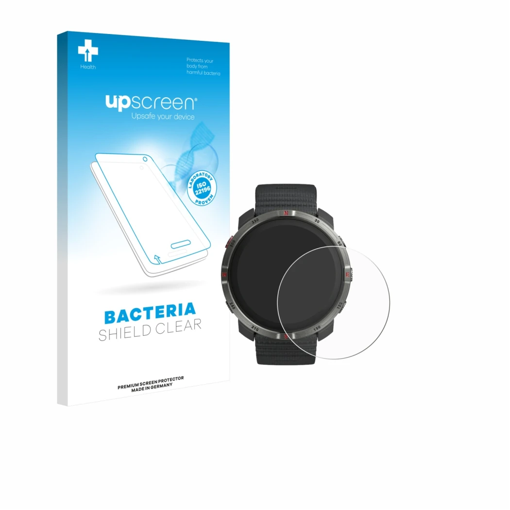 Parte frontal de un envase de producto con el logotipo de la marca upscreen. Al lado se muestra el dispositivo Polar Grit X2 c