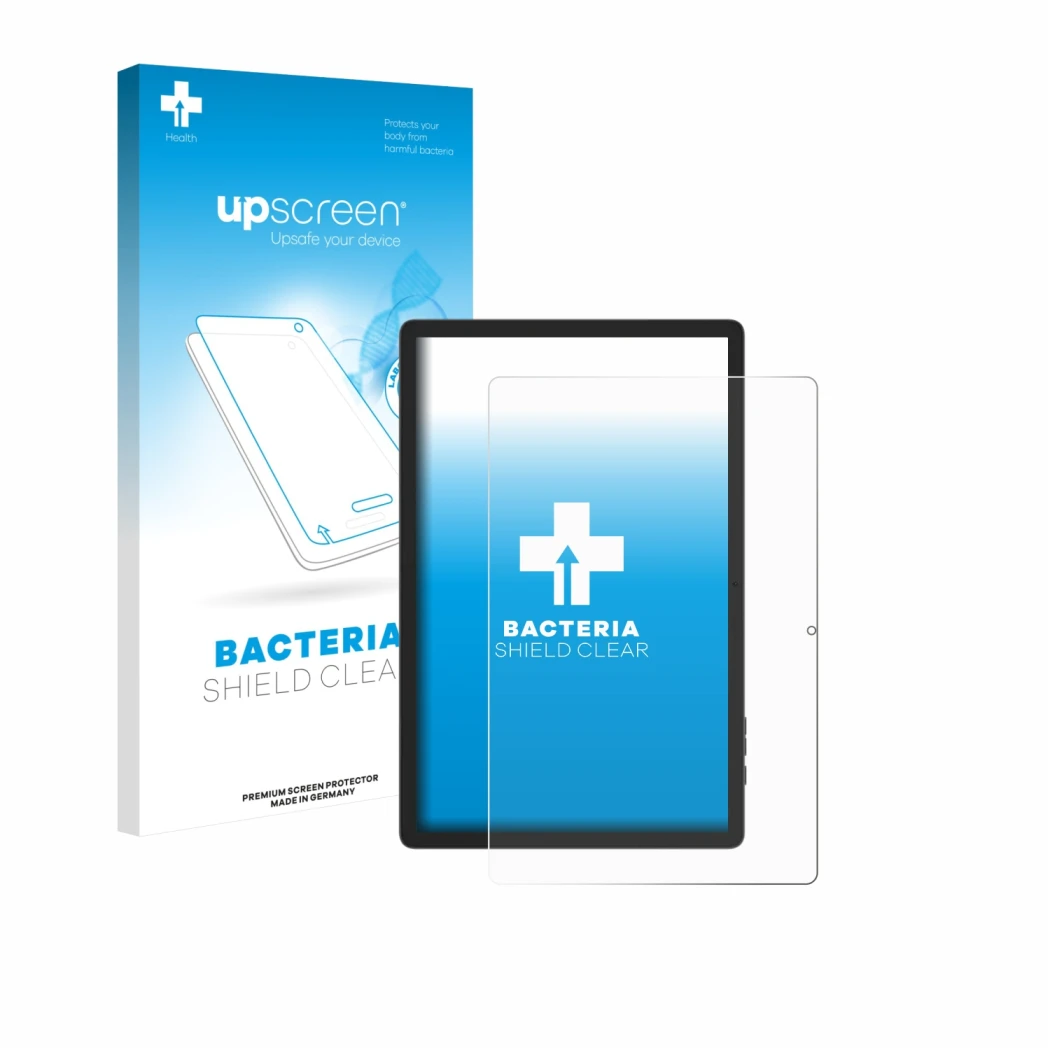 Parte frontal de un envase de producto con el logotipo de la marca upscreen. Al lado se muestra el dispositivo Doogee Tab E3 P