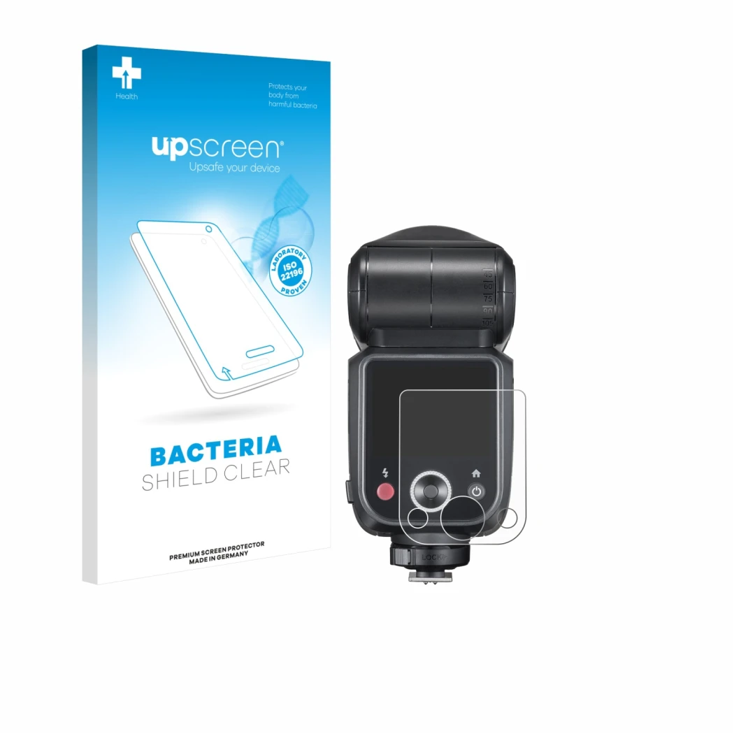 Parte frontal de un envase de producto con el logotipo de la marca upscreen. Al lado se muestra el dispositivo Godox V100 con